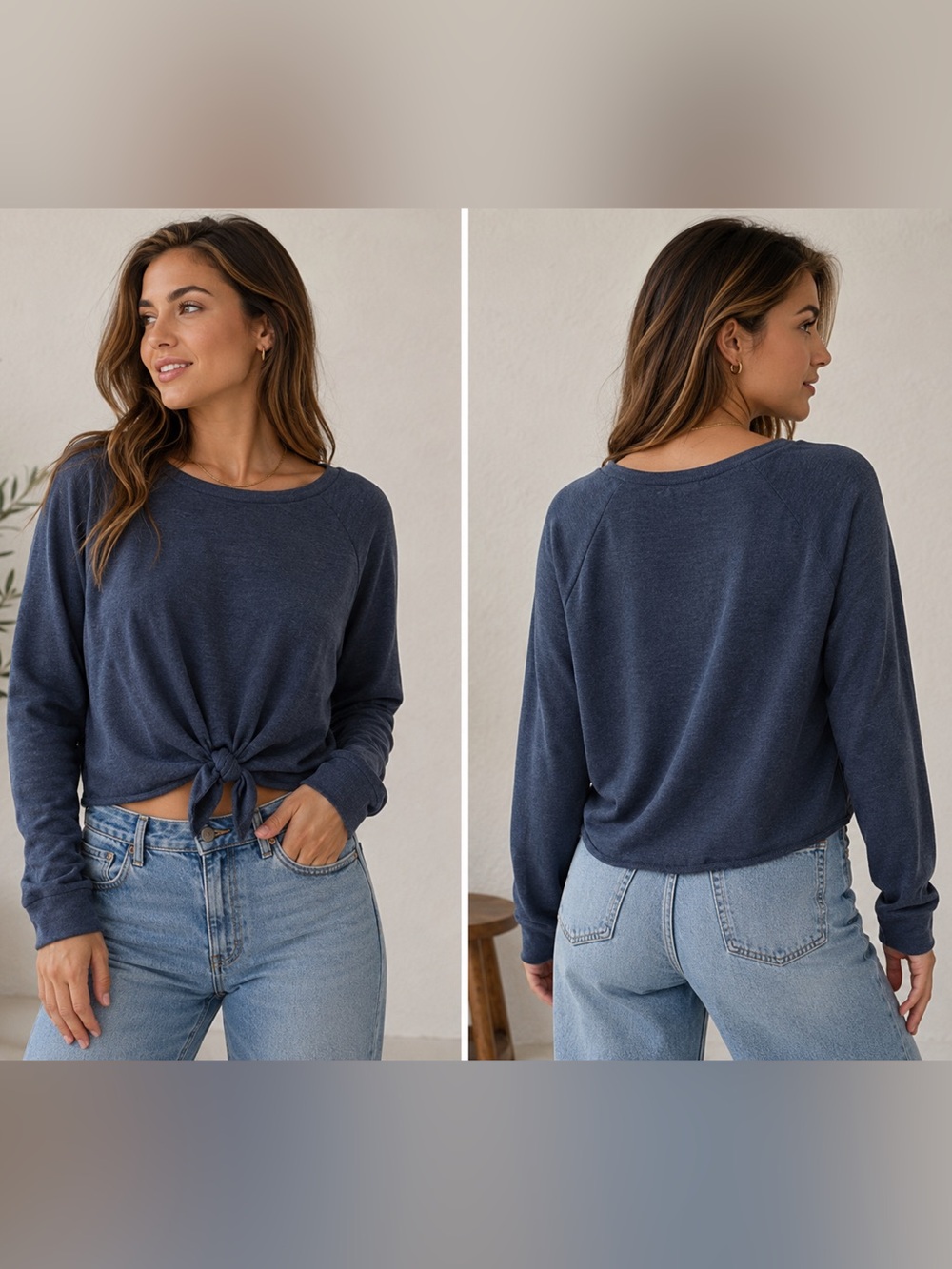Women’s Navy Tie-Front Long Sleeve Top